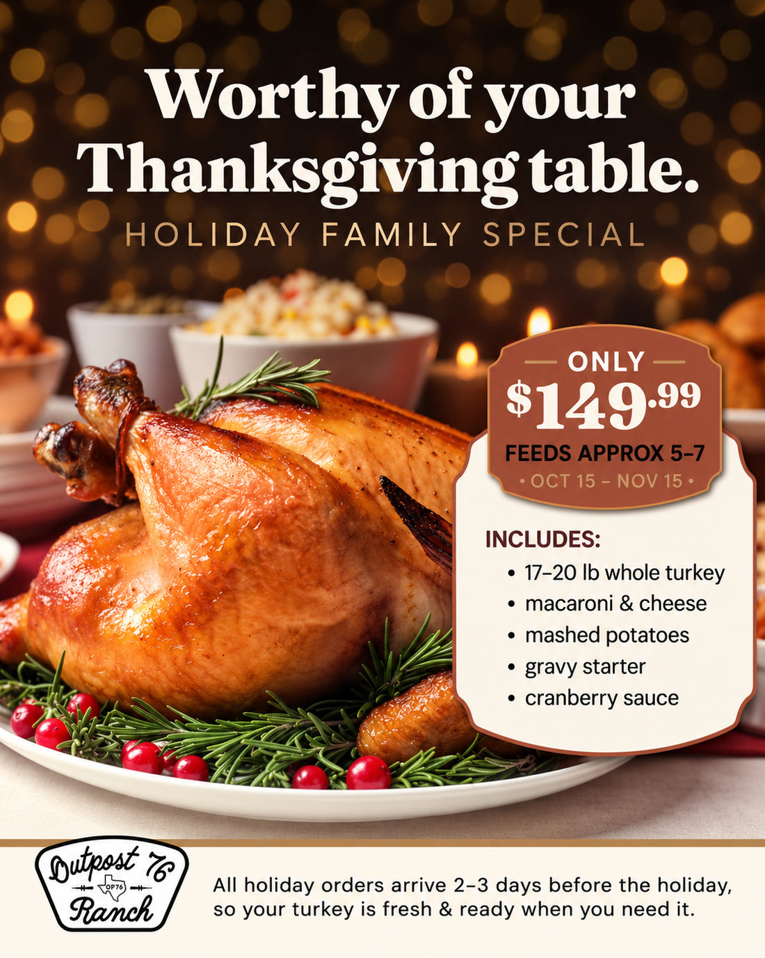 Thanksgiving Holiday Family Meal: Whole Turkey with Sides (Feeds 5–7)