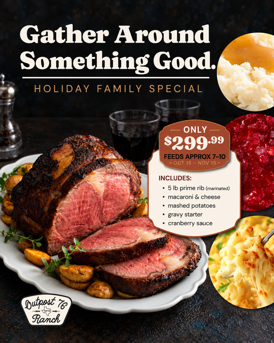 Holiday Prime Rib Family Meal: 5 lb Marinated Prime Rib with Sides (Feeds 7–10)
